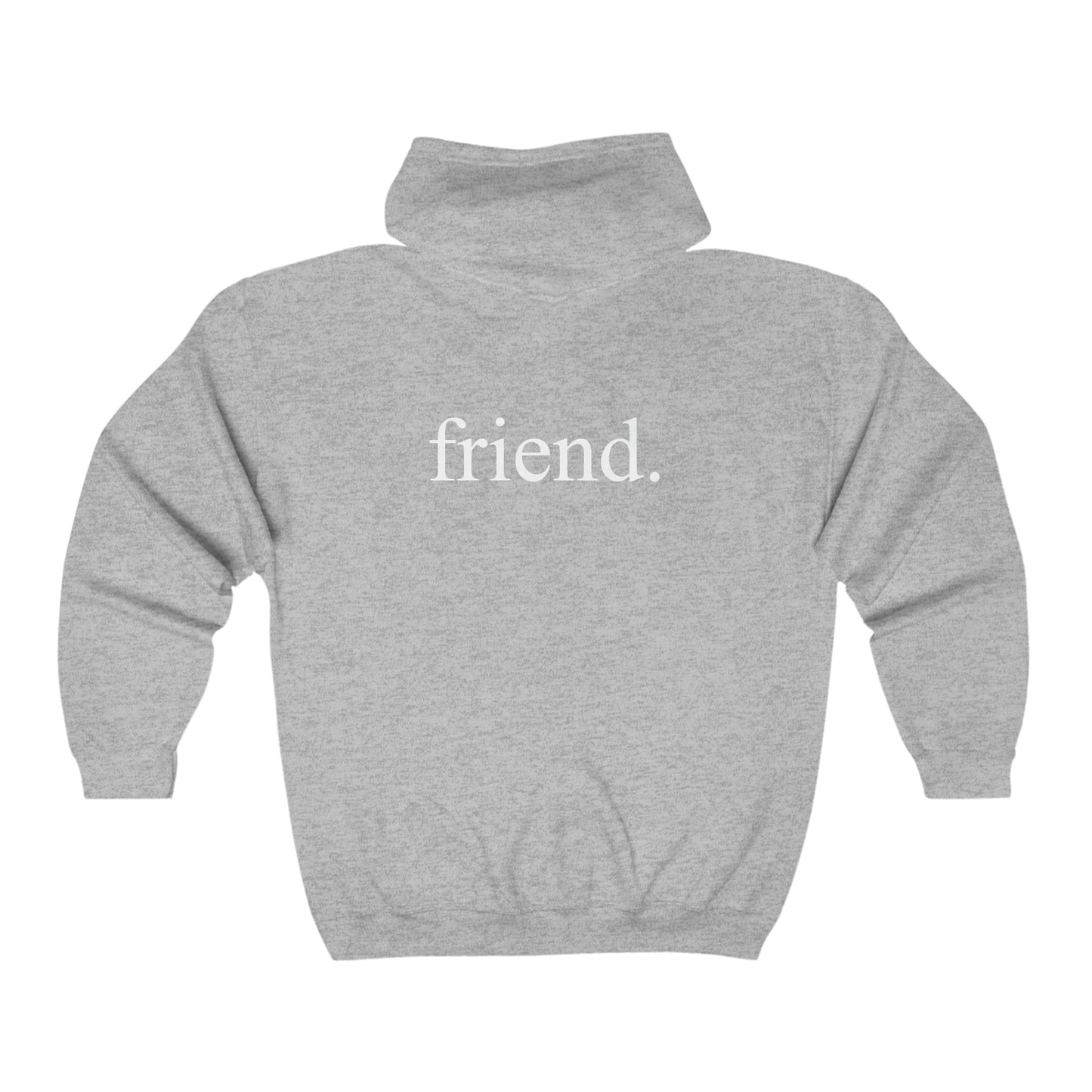 friend. on the back white print unisex heavy blend™ full zip hooded sweatshirt