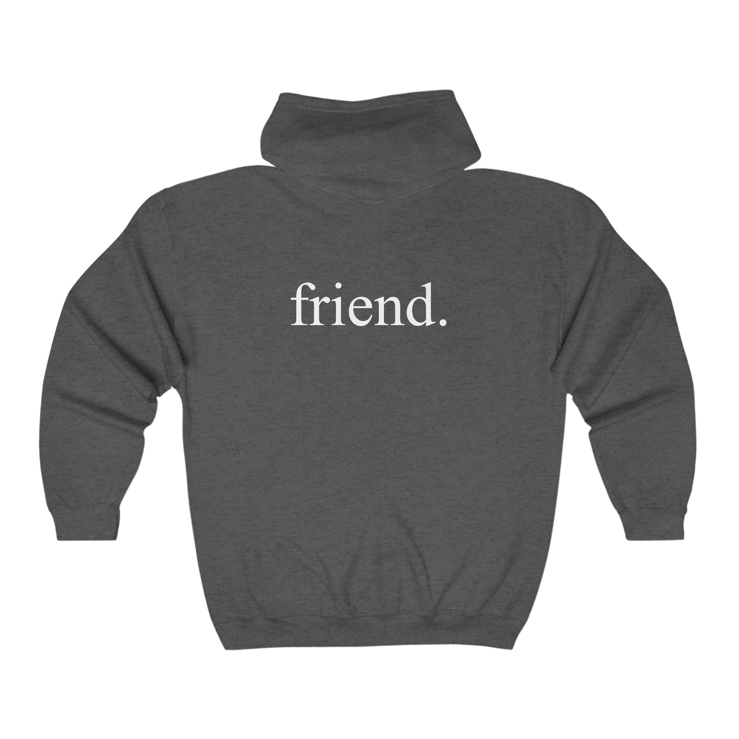 friend. on the back white print unisex heavy blend™ full zip hooded sweatshirt